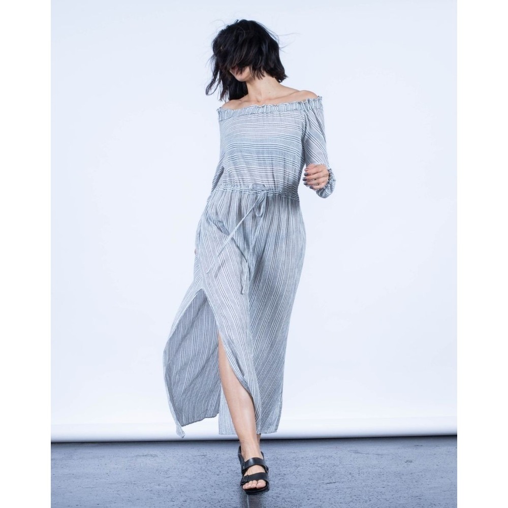 Malia Mills Cotton Striped Off Shoulder Maxi Dress Blue White L